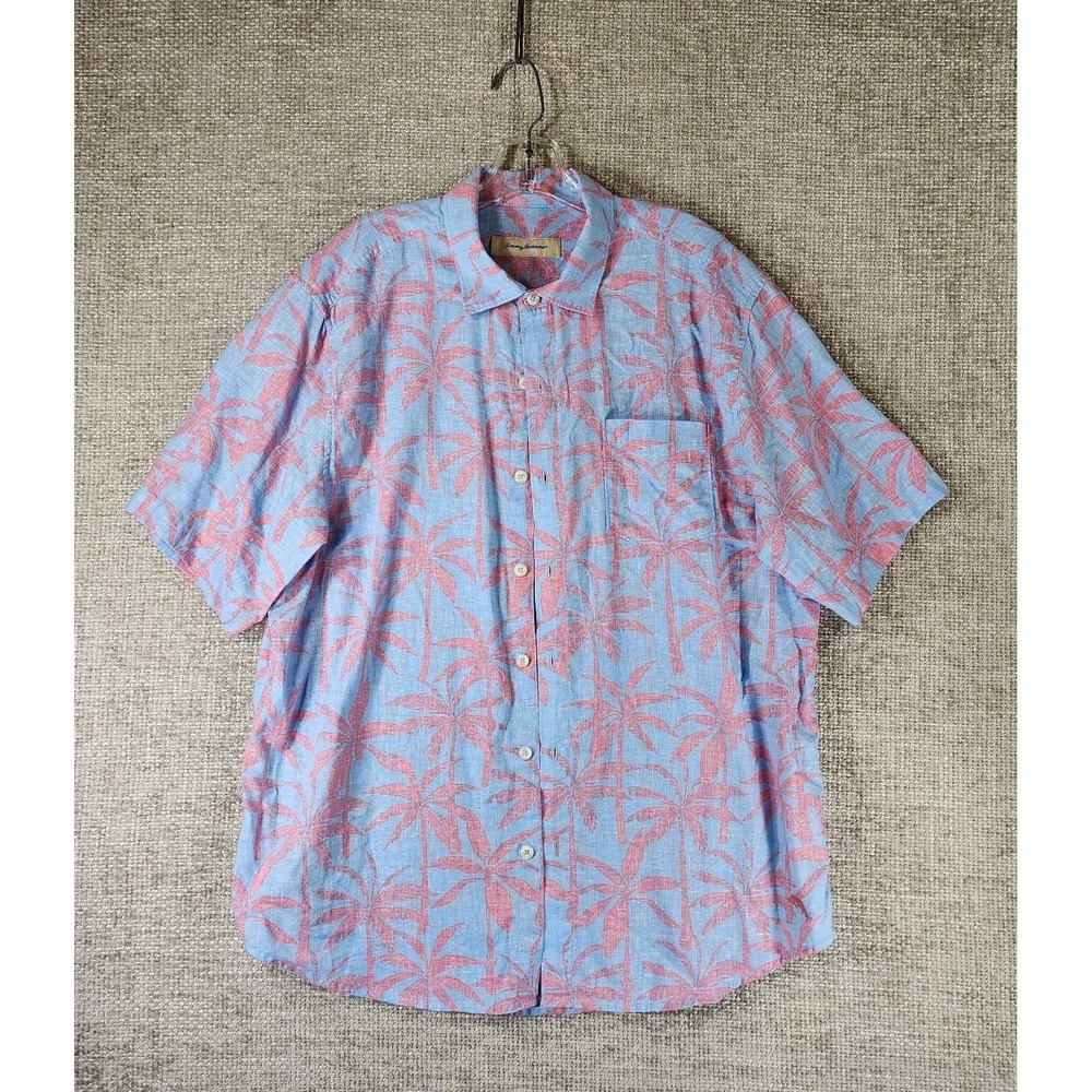 Tommy Bahama Palm Tree Print‎ Shirt Mens L Blue Pink Linen Blend Button